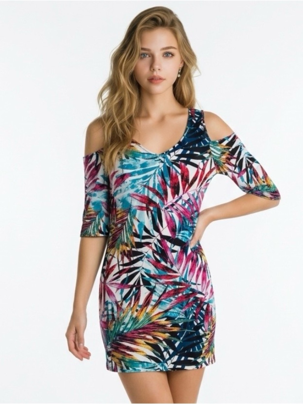 connected apparel Tropical Cold-Shoulder Mini Dress in Teal, Pink, Yellow, Navy